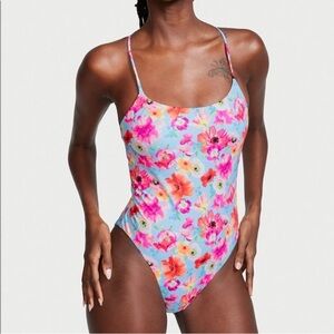 VICTORIAS SECRET ONE PIECE STRAPPY SWIM SUIT BLUE FLORAL SIZE XL Open Back